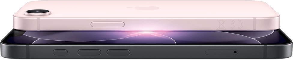 iPhone 17e, horizontálny pohľad zboku a zozadu, svetloružová farba, iPhone 17e, horizontálny pohľad zboku a spredu, čierna farba